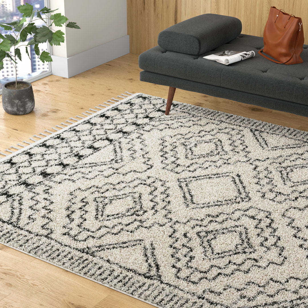 Adry Moroccan Shag Tasseled Cream/Charcoal Area Rug Union Rustic Rug Size: Rectangle 7'10" x 10'