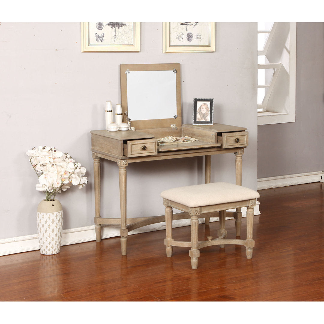 June Natural Two Drawer Flip Top Vanity Set with Stool Kelly Clarkson Home