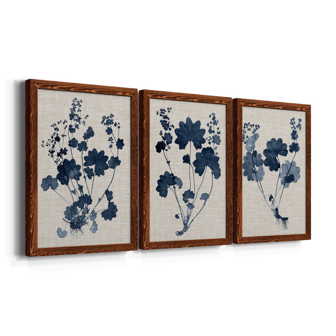 Navy and Linen Leaves II - 3 Piece Picture Frame Painting Set on Canvas Red Barrel Studio® Frame Color: Maple Size: 24" H x 36" W x 1.5" D