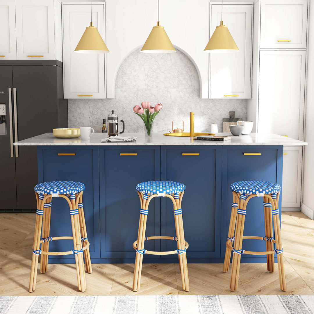 Alastair Bar & Counter Stool Birch Lane™ Color: Blue/White Dot/Natural Rattan Frame Seat Height: Bar Stool (30" Seat Height)