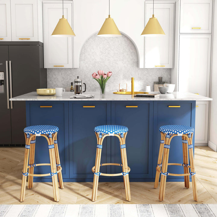 Alastair Bar & Counter Stool Birch Lane™ Color: Blue/White Dot/Natural Rattan Frame Seat Height: Bar Stool (30" Seat Height)
