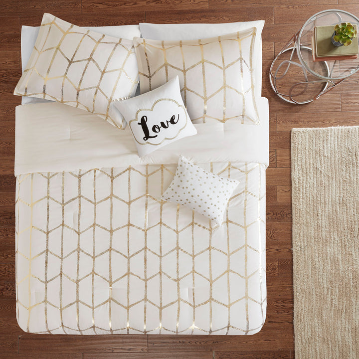 Raina Metallic Printed Comforter Set Intelligent Design Color: Ivory/Gold Size: King/Cal.King Comforter + 2 Shams + 2 Throw Pillow