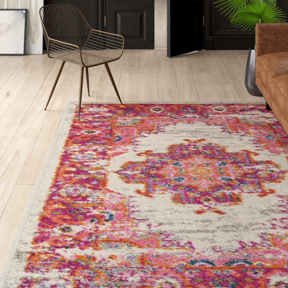 Abbate Oriental Ivory/Pink Indoor Area Rug Mercury Row® Rug Size: Rectangle 5'3" x 7'3"