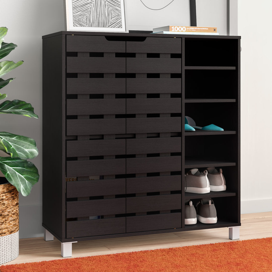 Shirley Modern and Contemporary 2 Door Wood 18 Pair Shoe Cabinet with Open Shelves Ebern Designs