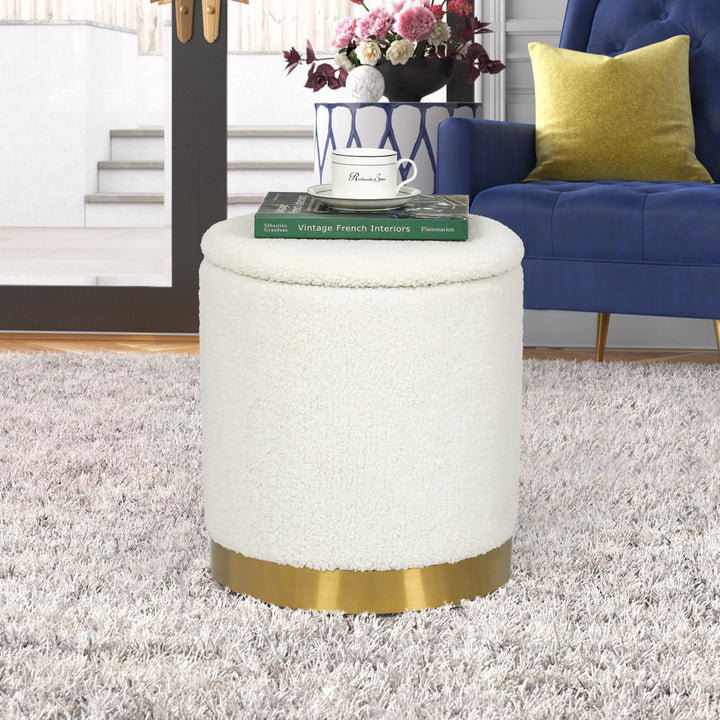 Teddy Fleece Round Ottoman With Stroage Mercer41 Body Fabric: Off-White Faux Fur