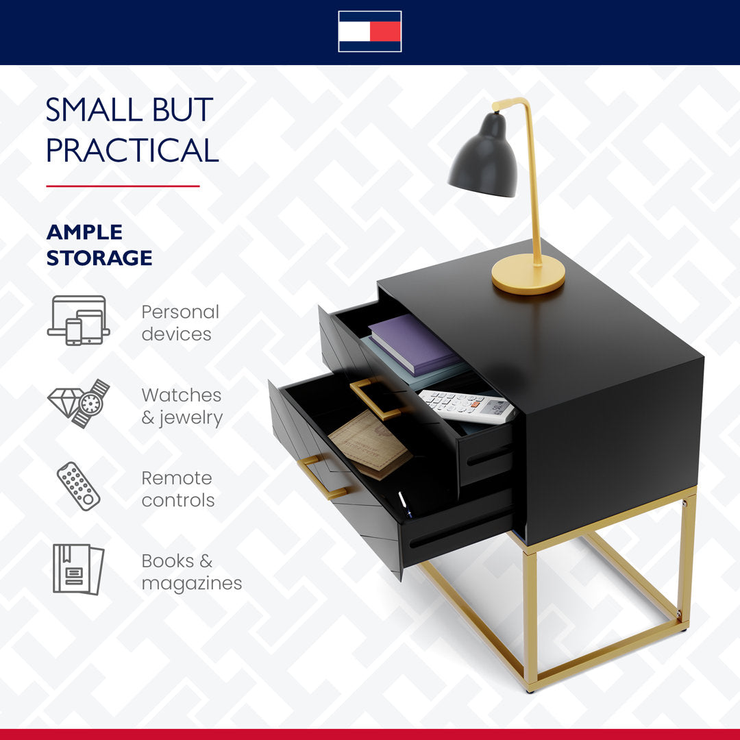 Tommy Hilfiger Ellias Modern Side Table Nightstand with 2 Drawers, Semi Gloss Black & Matte Gold Tommy Hilfiger