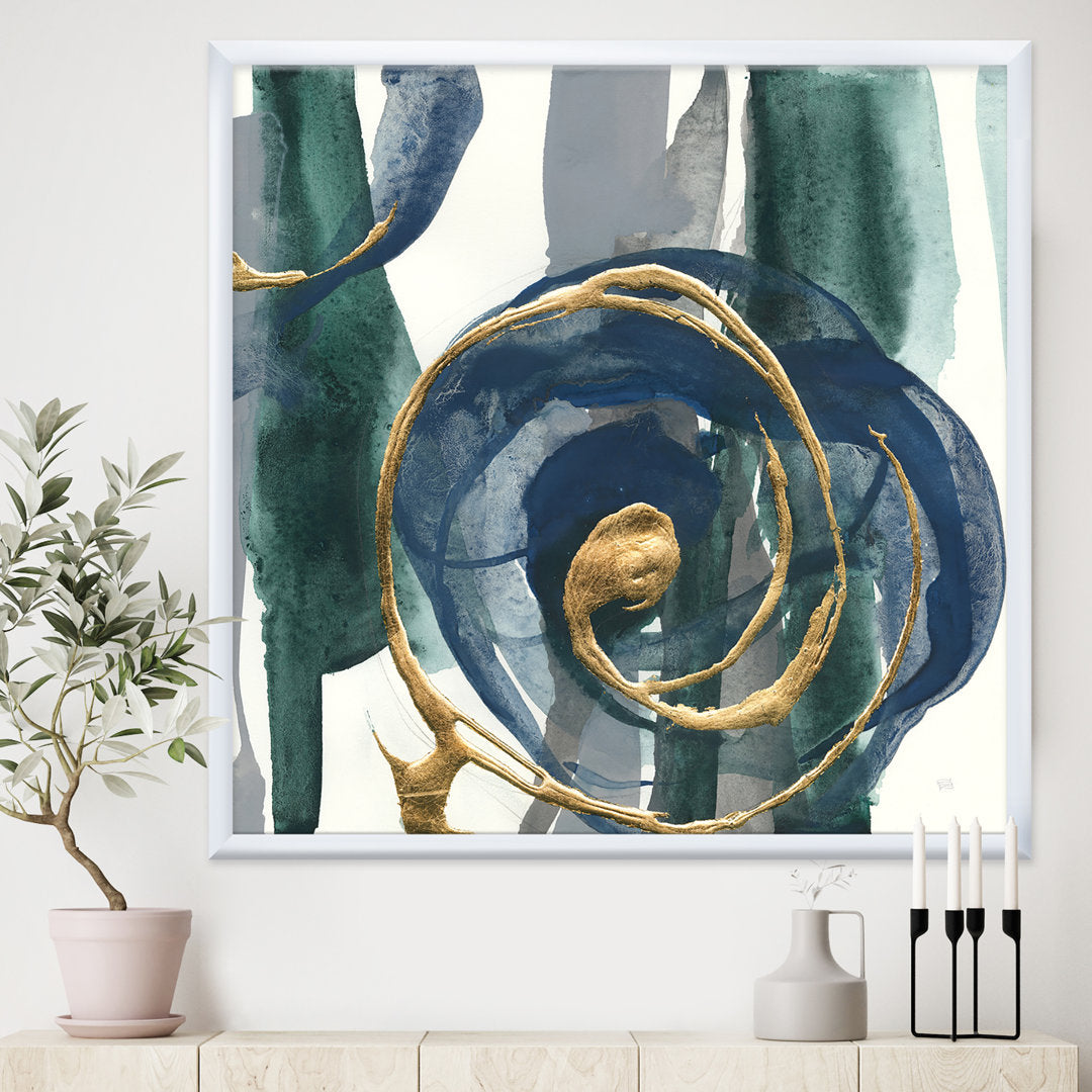 Mettalic Indigo and Gold I - Picture Frame Print on Canvas East Urban Home Size: 16" H x 16" W x 1" D Format: Silver Framed