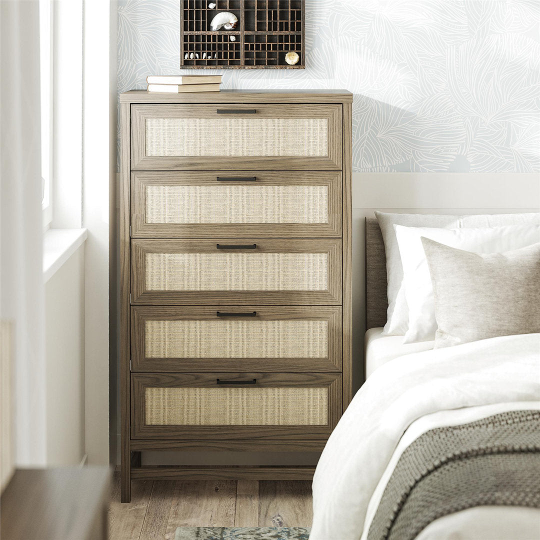 Barros Faux Rattan 5 Drawer 31.65" W Chest Beachcrest Home™ Color: Medium Brown