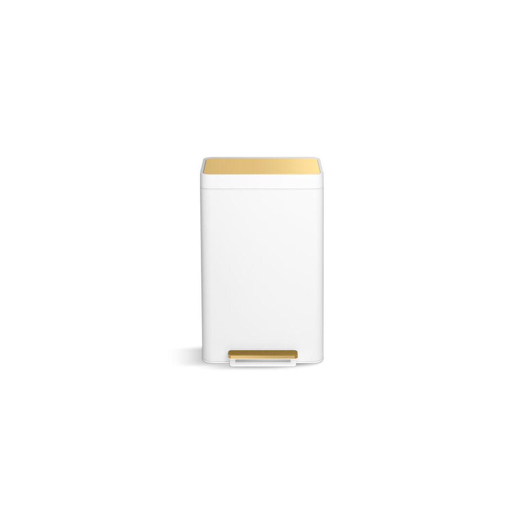 Reset 13 Gallon Kitchen Trash Can, Stainless Steel Hand Free Step Trash Can with Quiet-Close Lid Kohler Color: White/Brushed Brass
