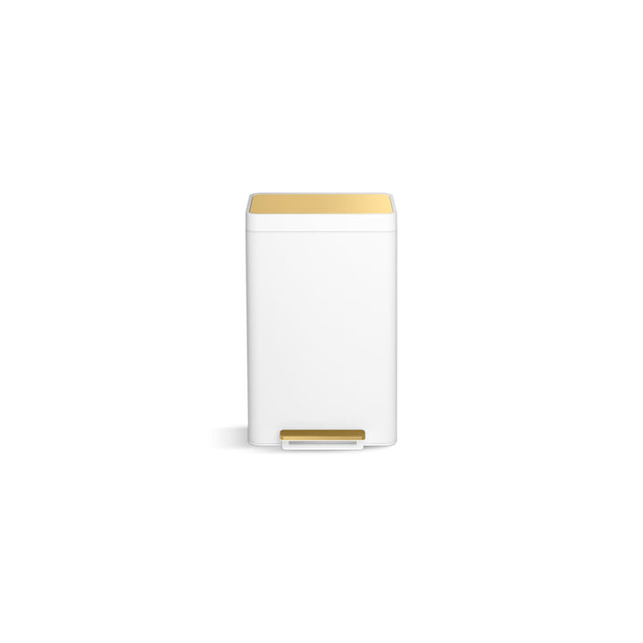 Reset 13 Gallon Kitchen Trash Can, Stainless Steel Hand Free Step Trash Can with Quiet-Close Lid Kohler Color: White/Brushed Brass