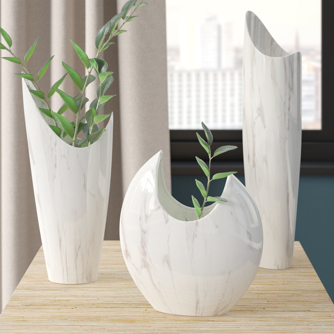 Pyron 3 Piece White/Charcoal Indoor / Outdoor Ceramic Table Vase Set Mercury Row®