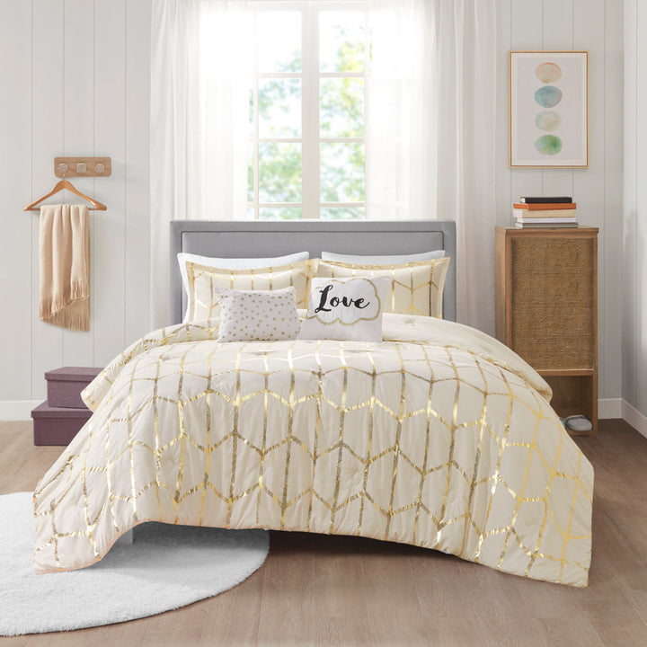 Raina Metallic Printed Comforter Set Intelligent Design Color: Ivory/Gold Size: King/Cal.King Comforter + 2 Shams + 2 Throw Pillow