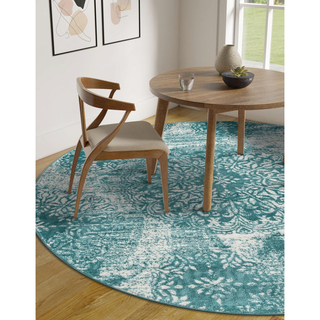 Coblitz Damask Turquoise Area Rug Dakota Fields Rug Size: Round 7'