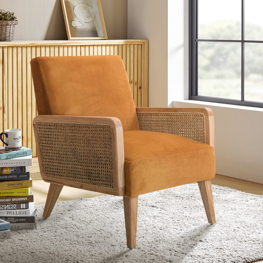Mayenne Upholstered Accent Chair with Rattan Arms Lark Manor™ Fabric: Yellow Velvet