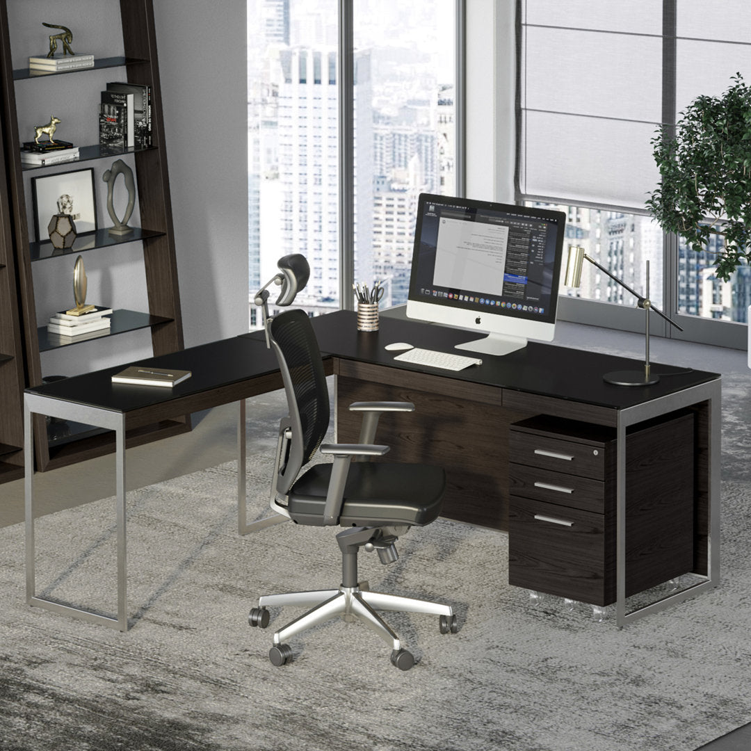 Sequel 20 Glass Desk BDI Color (Top/Frame): Charcoal Stained Ash/Satin Nickel