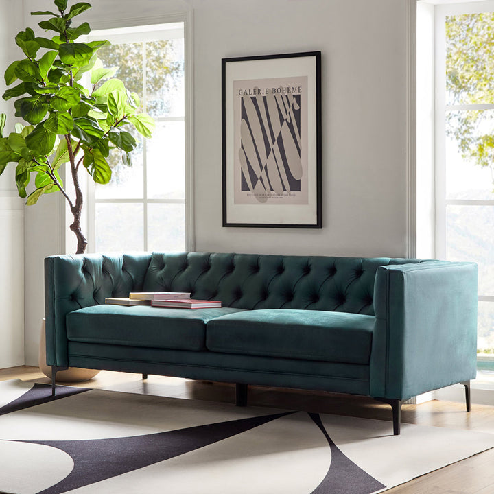 Brinna Contemporary 84" Upholstered Button-tufted Sofa with Metal Legs Wade Logan® Fabric: Blue Polyester