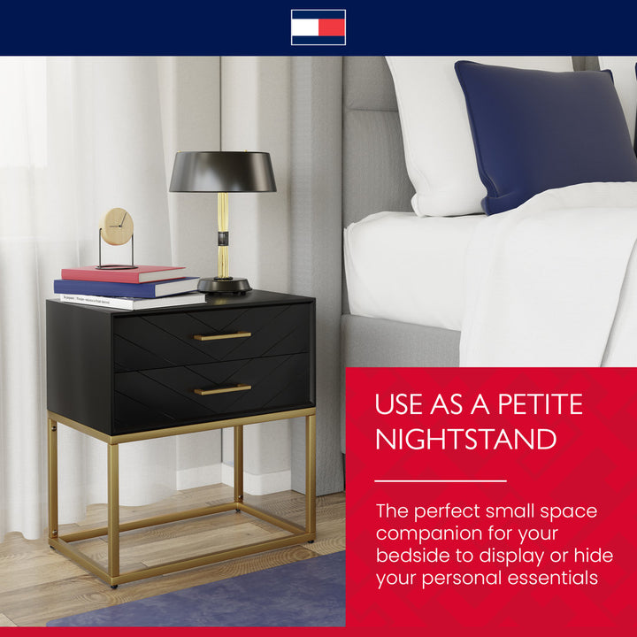 Tommy Hilfiger Ellias Modern Side Table Nightstand with 2 Drawers, Semi Gloss Black & Matte Gold Tommy Hilfiger