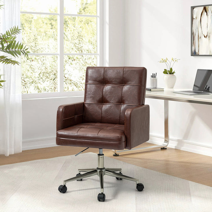 Auric Mid-Century Modern Vegan Leather Height-Adjustable Swivel Office Chair Wade Logan® Upholstery Color: Brown