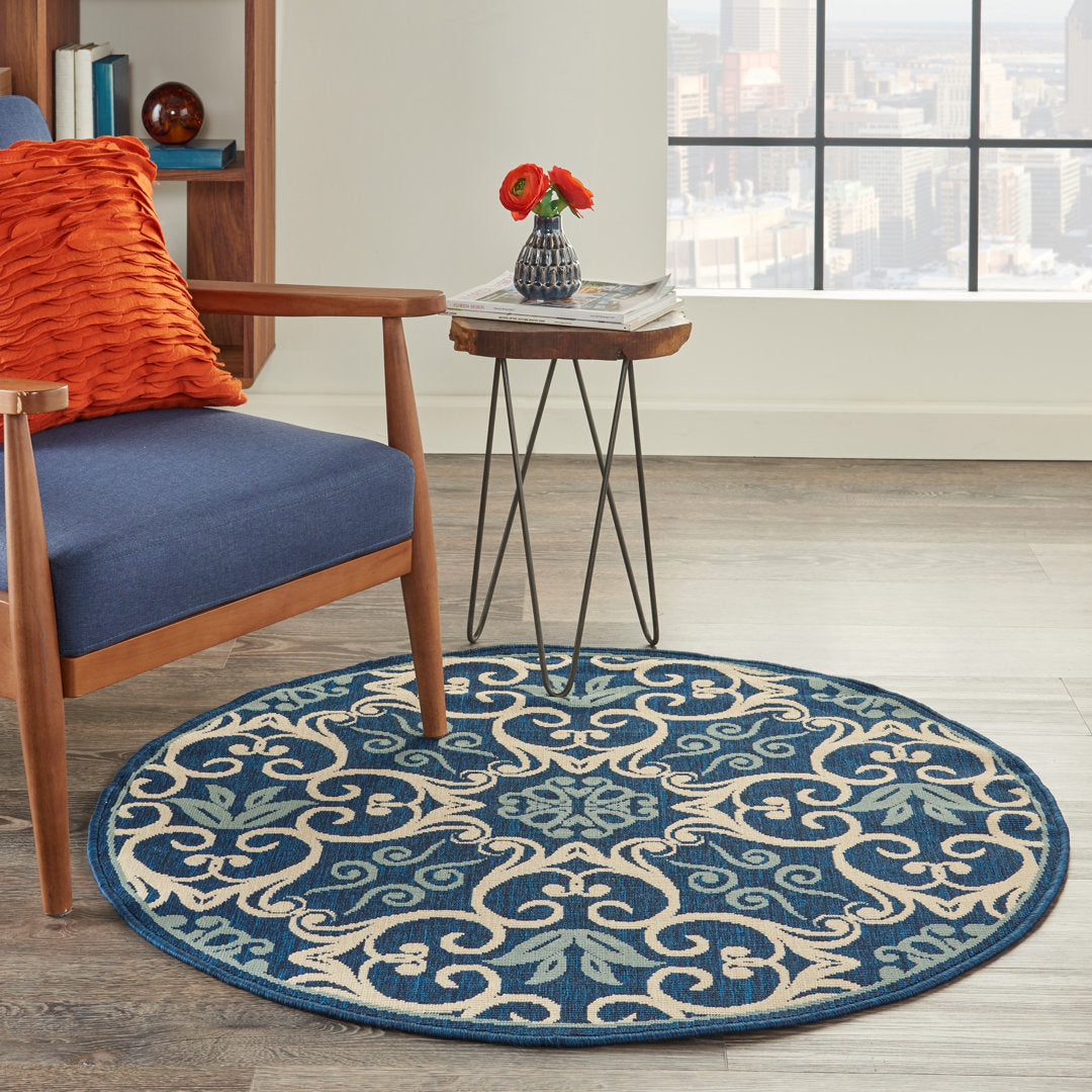 Adelene Floral Navy Blue Indoor / Outdoor Area Rug Birch Lane™ Rug Size: Round 4'