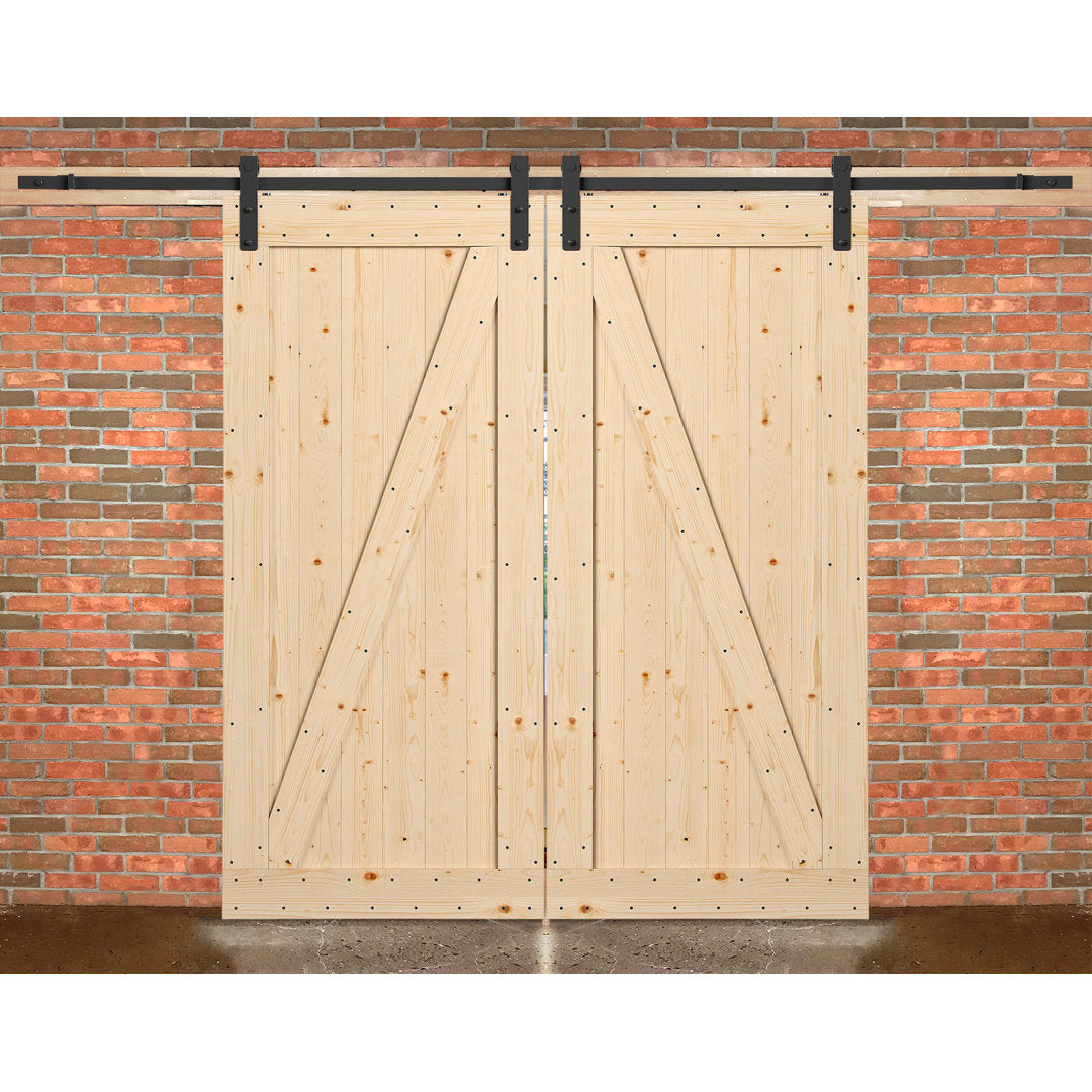 Tarcienne Paneled Wood and Metal Finish Prehung Barn Door with Installation Hardware Kit Millwood Pines Finish: Beige