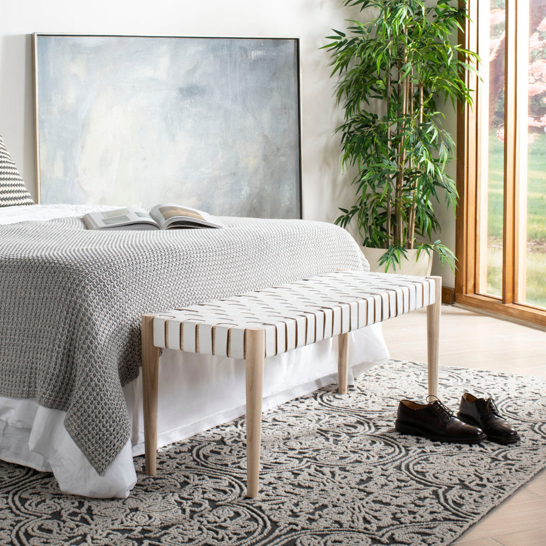 Orin 47" Woven Leather Bench AllModern Color: Light Oak Frame/Off-White Leather