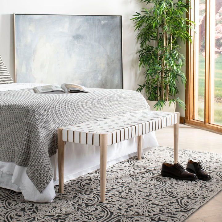 Orin 47" Woven Leather Bench AllModern Color: Light Oak Frame/Off-White Leather