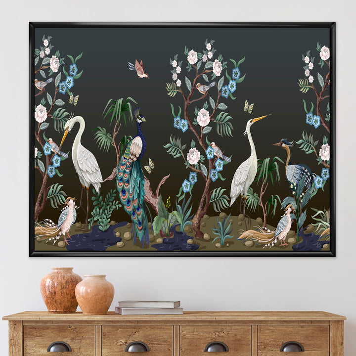 Chinoiserie with Birds and Peonies IV - Painting on Canvas East Urban Home Size: 12" H x 20" W x 1" D Format: Black Floater Frame