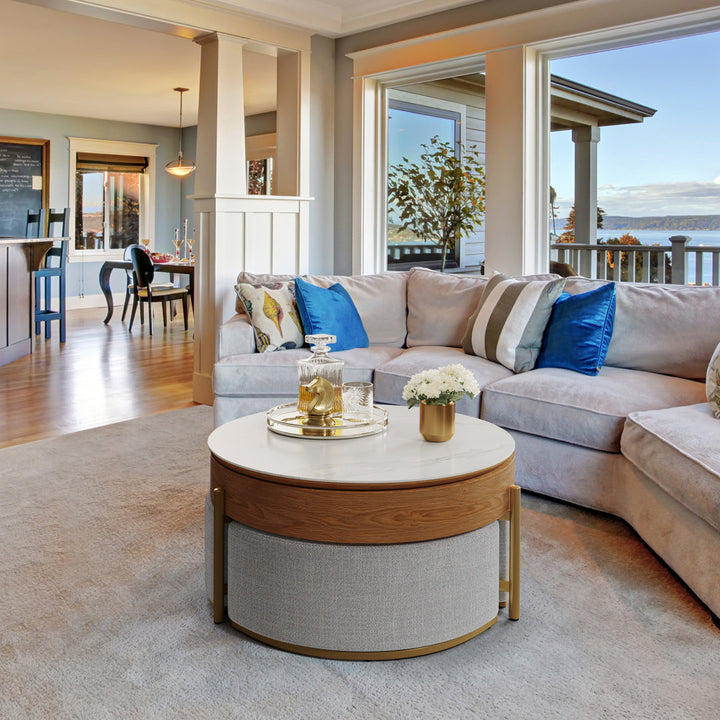 Bulverde Lift Top Extendable Frame Coffee Table with Storage 3 Stools, Stainless Steel Legs Willa Arlo™ Interiors