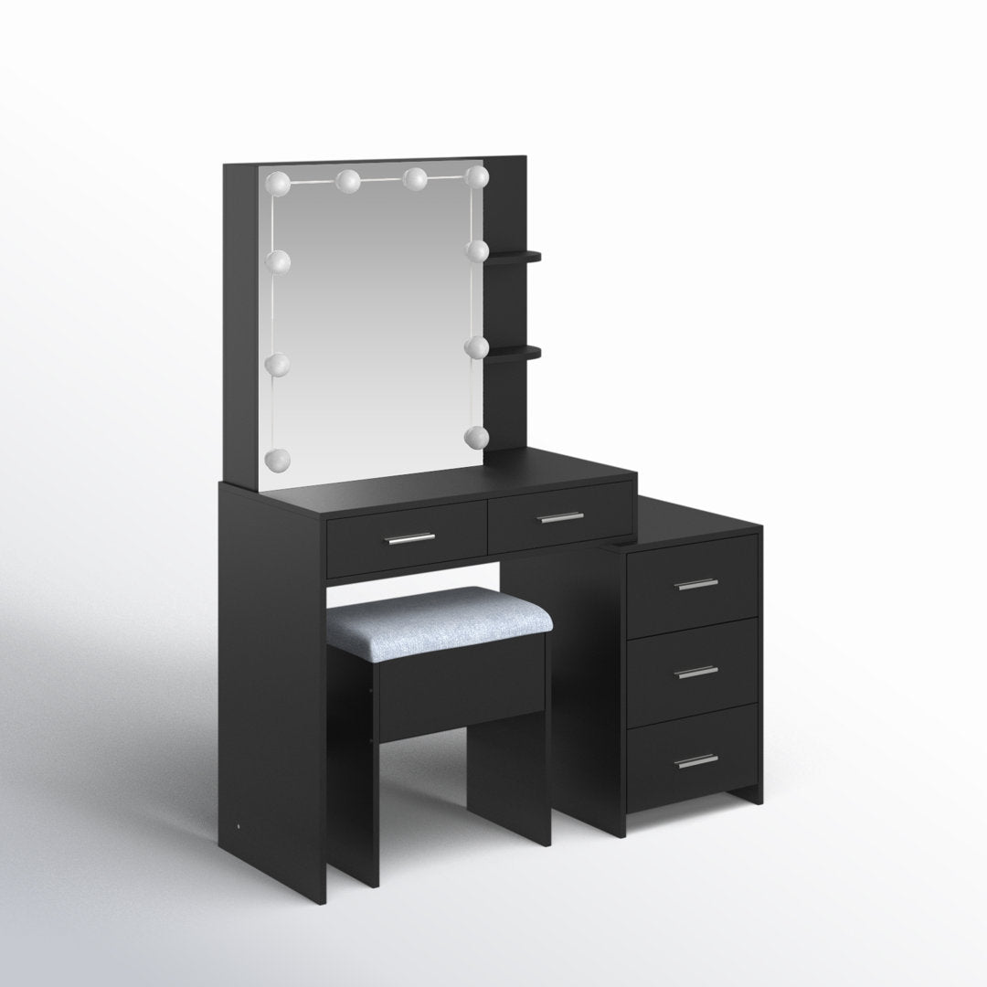 Calletano 44.3"Wide Makeup Vanity Set with Mirror Cabinet, Stool,5 Drawers Wade Logan® Color: Black