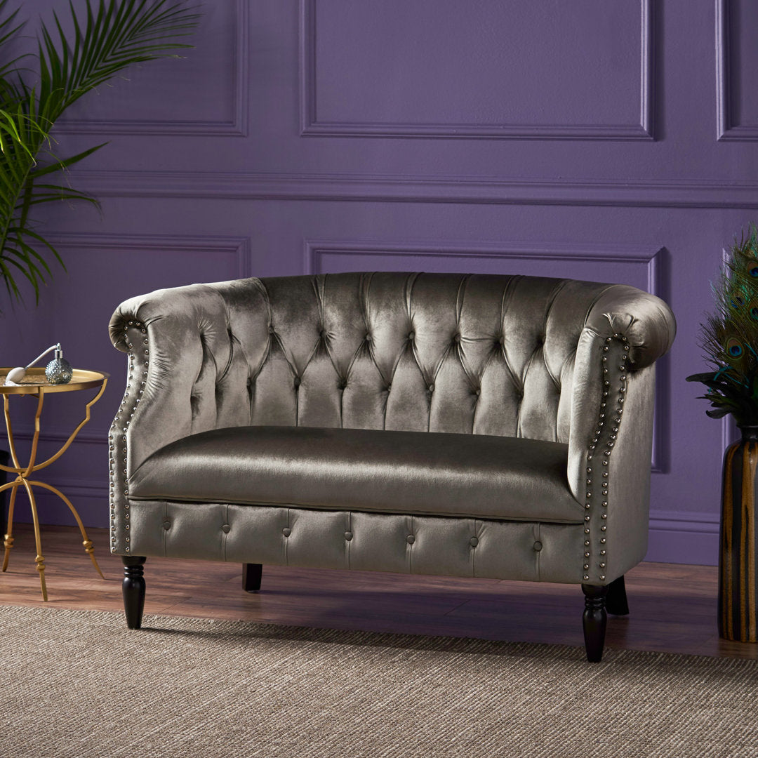 Charlotte 51.5" Velvet Rolled Arm Chesterfield Loveseat Mercer41 Fabric: Gray Velvet