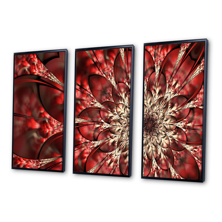 Red Symmetrical Flowers Pattern - 3 Piece Floater Frame Graphic Art on Canvas Red Barrel Studio® Size: 20" H x 36" W Format: Black