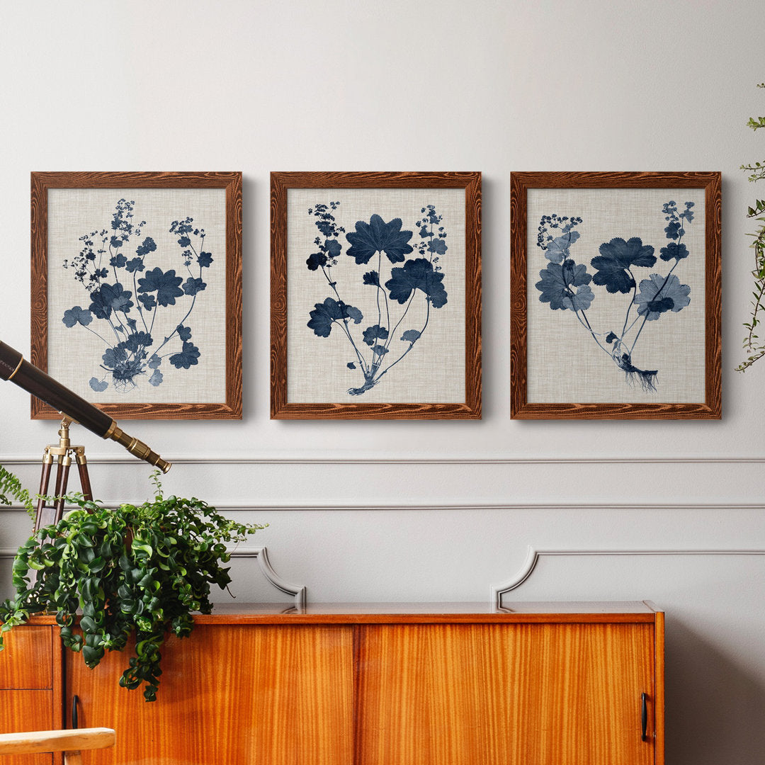 Navy and Linen Leaves II - 3 Piece Picture Frame Painting Set on Canvas Red Barrel Studio® Frame Color: Maple Size: 24" H x 36" W x 1.5" D
