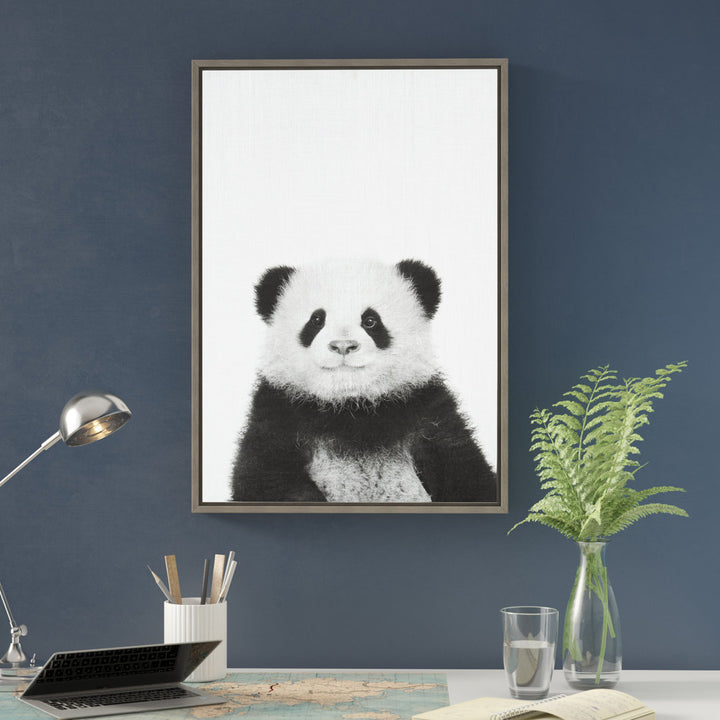 Panda Animal Print Black and White Portrait' Framed Photographic Print on Canvas Ivy Bronx Format: Gray Framed