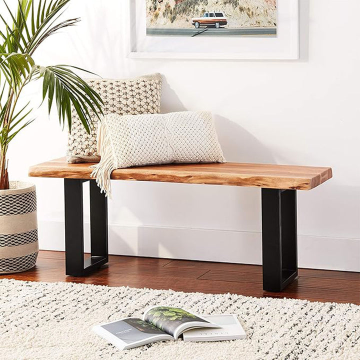 Ains Alpine Natural Live Edge Acacia 48 in. Wood Bench with Metal Straps, Modern Industrial Furniture for Hallway Entryway Living Room Foyer Entry Tree Organizer Shelf Stand Home Decor Union Rustic