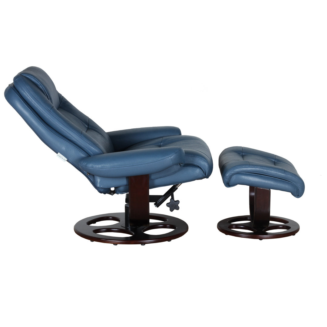 Majeda Manual Swivel Recliner With Ottoman Hokku Designs Body Fabric: Roman Blue Leather Match