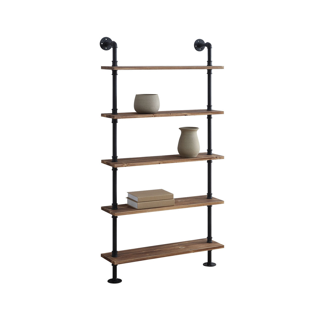Juan 5 Tiered Shelf Industrial Pipe Shelves Williston Forge Finish: Black Pipe/Brown Shelves