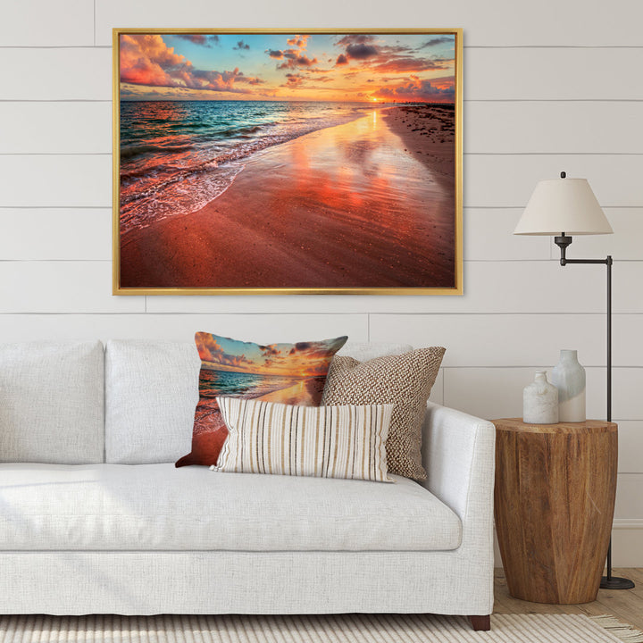 Sunset over an Ocean Beach Shore II - Photograph on Canvas East Urban Home Size: 16" H x 32" W x 1" D Format: Gold Floater Framed