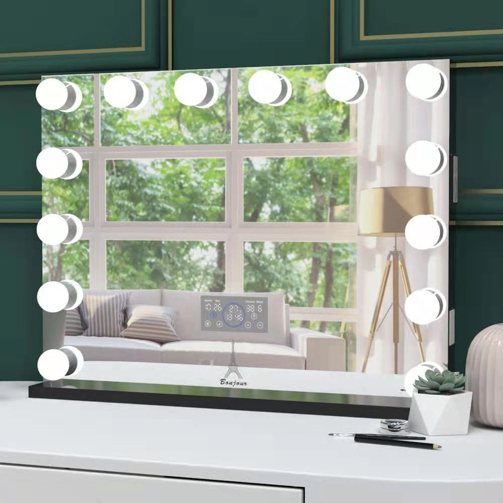 Beveled Lighted Makeup Mirror Everly Quinn Size: 27" x 31.5" Finish: Black