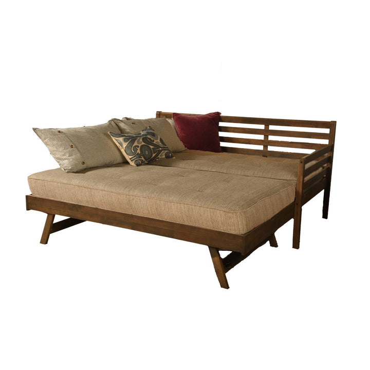 Alhamdi Boho Daybed and Pop-Up Bed with Mattresses Lark Manor™ Frame Color: Rustic Walnut, Mattress Color: Woodsmoke Brown