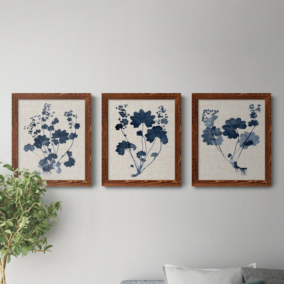 Navy and Linen Leaves II - 3 Piece Picture Frame Painting Set on Canvas Red Barrel Studio® Frame Color: Maple Size: 24" H x 36" W x 1.5" D