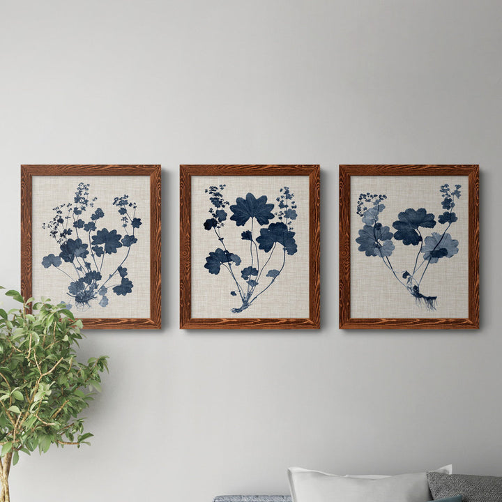 Navy and Linen Leaves II - 3 Piece Picture Frame Painting Set on Canvas Red Barrel Studio® Frame Color: Maple Size: 24" H x 36" W x 1.5" D