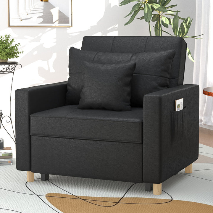 Seamus 40" Wide Tufted Genuine Leather Convertible Chair Steelside™ Body Fabric: Black Faux Leather