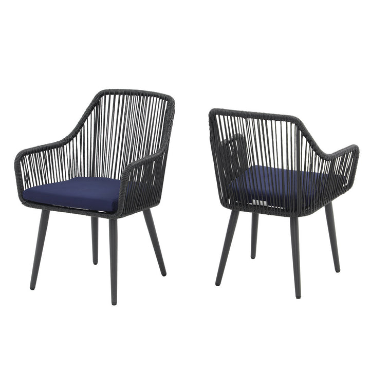 Cassil Patio Dining Armchair with Cushion (Set of 2) Wade Logan® Frame Color/Cushion Color: Black Frame/Navy Cushion