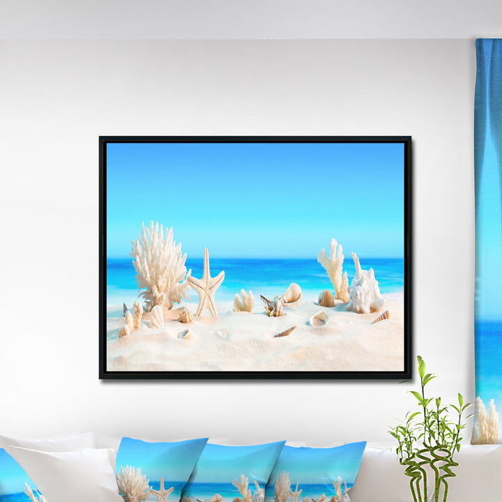 Risa Seashells on Tropical Beach' Graphic Art Highland Dunes Size: 16" H x 32" W x 1" D Format: Floater Framed Canvas