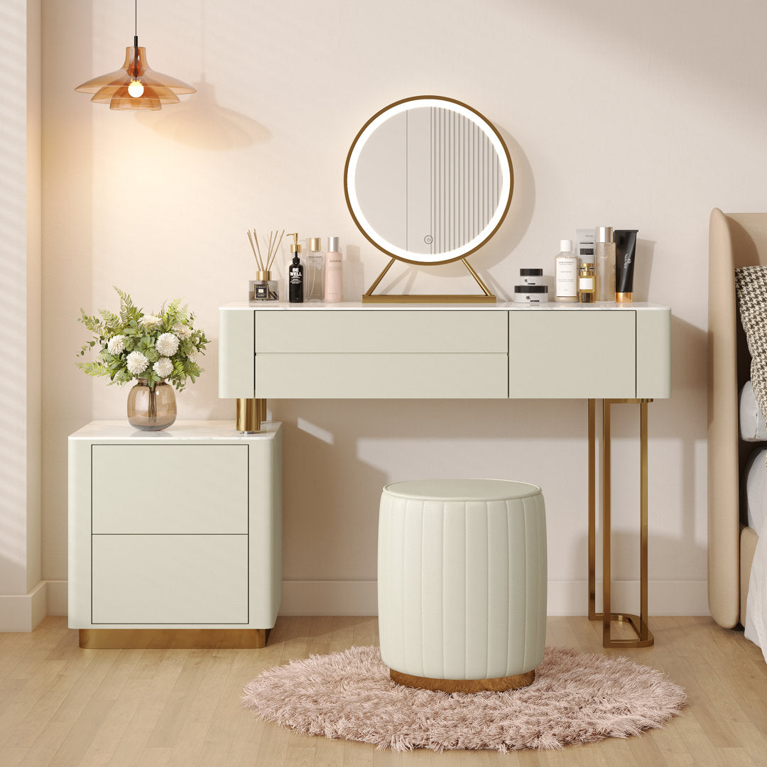 Edorta Vanity Desk with Mirror and Lights, Modern Makeup Vanity Table Set with 4 Storage Drawers and Vanity Stool Hokku Designs