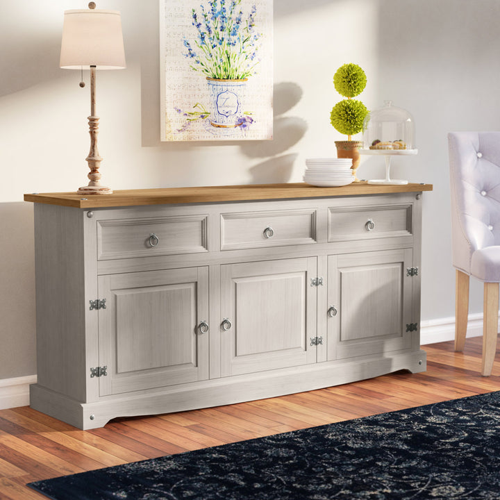 Corona 65.91" Wide 3 Drawer Pine Solid Wood Sideboard Gracie Oaks Color (Base/Top): Gray Wash Stain/Antique Brown Stain