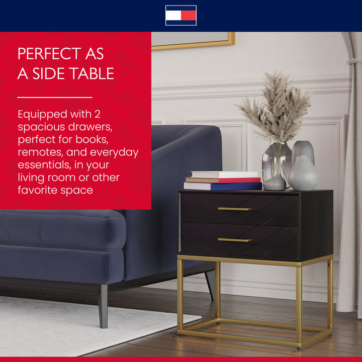 Tommy Hilfiger Ellias Modern Side Table Nightstand with 2 Drawers, Semi Gloss Black & Matte Gold Tommy Hilfiger