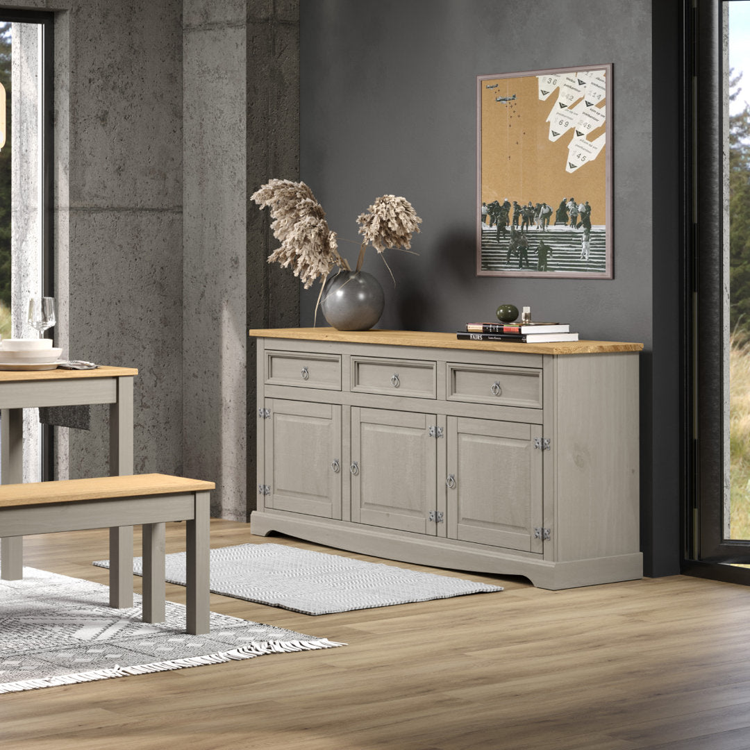 Corona 65.91" Wide 3 Drawer Pine Solid Wood Sideboard Gracie Oaks Color (Base/Top): Gray Wash Stain/Antique Brown Stain