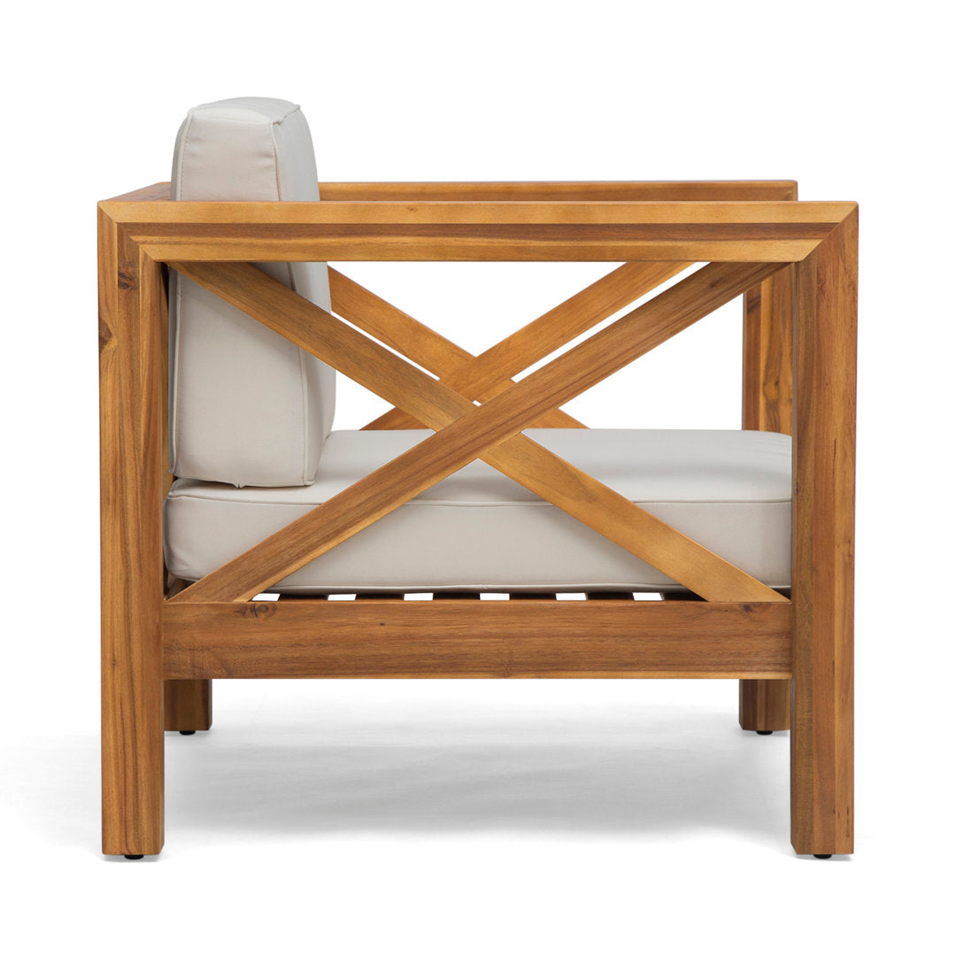 Teak Patio Chair with Cushions Highland Dunes Frame Color / Cushion Color: Teak Frame / Beige Cushion