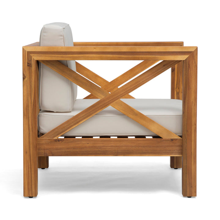 Teak Patio Chair with Cushions Highland Dunes Frame Color / Cushion Color: Teak Frame / Beige Cushion